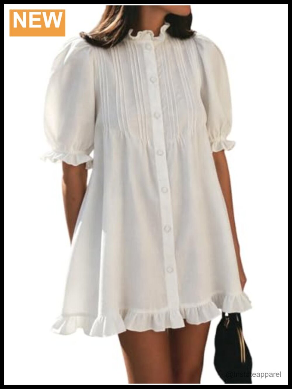 100% Cotton Ruffle Dress Puff Sleeve Button Down Mini Casual